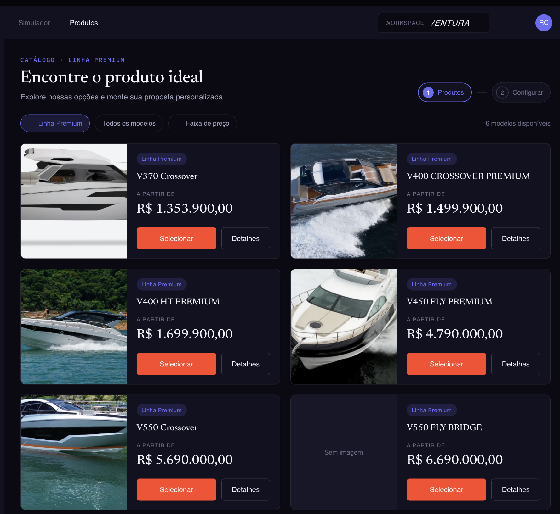 Simulador Ventura — catálogo de embarcações premium com fotos, linha e preço