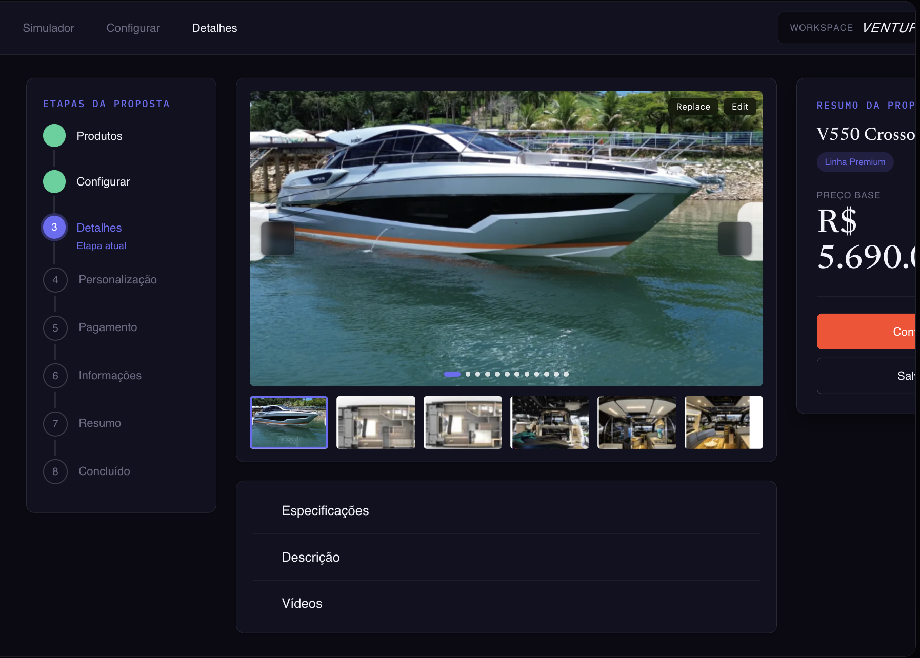 Simulador Ventura — configuração do V550 Crossover com galeria, specs e preço
